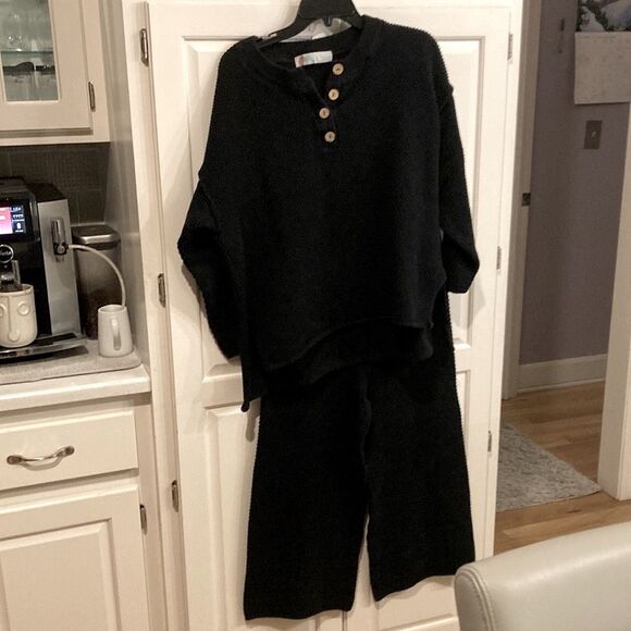 Revolve Free People Beach Hailee Set Black Waffle Knit Thermal Loungewear Medium - Picture 3 of 15